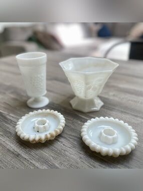Vintage White Milk Glass Decorative Tableware Set - Embossed Grape Motif